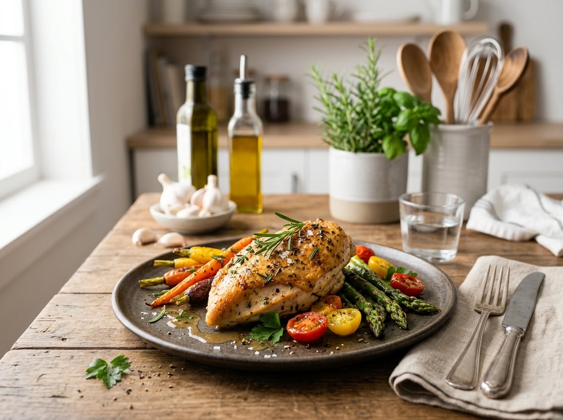 A plated chicken breast with roasted vegetables on a dining table in a bright kitchen setting.