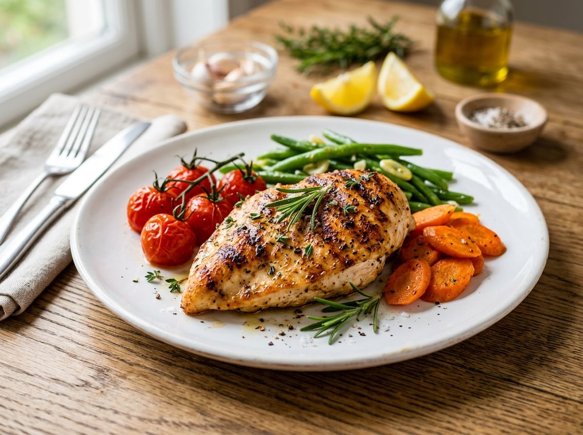 A plated golden brown chicken breast garnished with herbs and served with colorful vegetables on a wooden table.