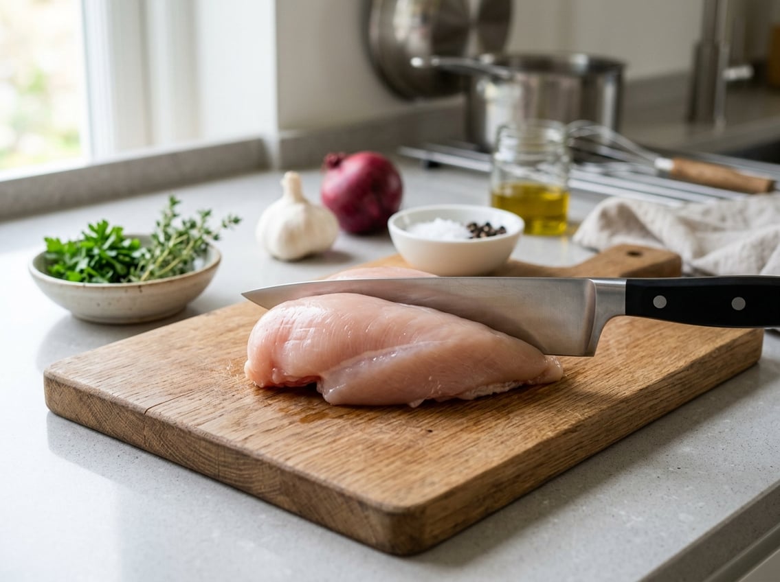 A raw chicken breast on a wooden cutting board with a knife positioned to cut it in half in a kitchen setting.