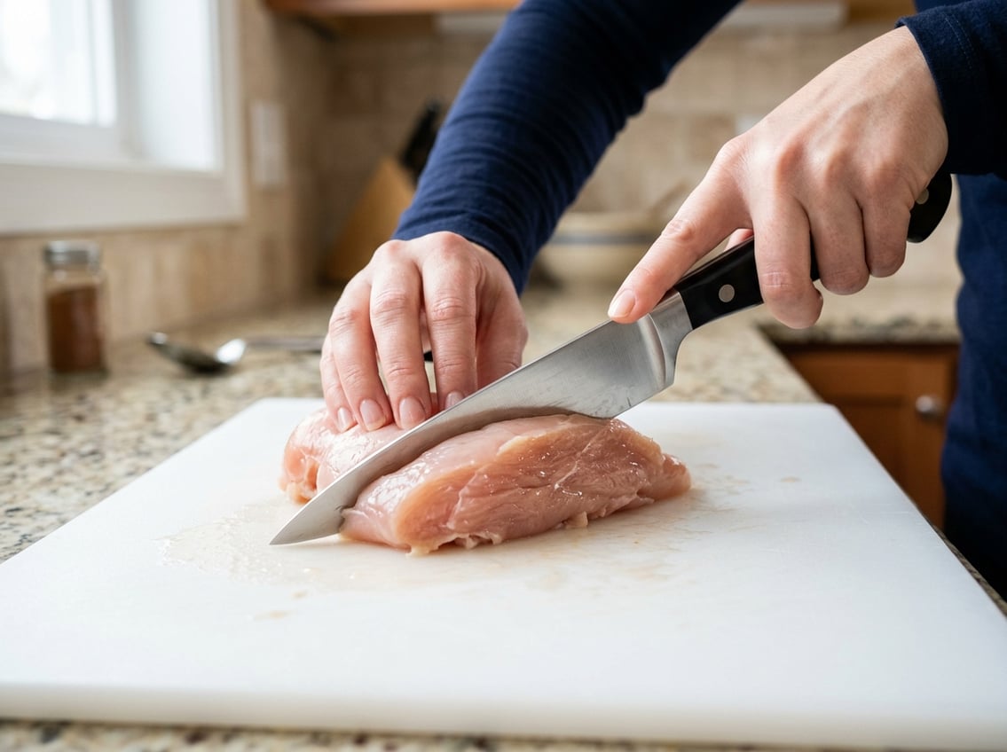 Hands cutting a raw chicken breast in half on a white cutting board in a kitchen.