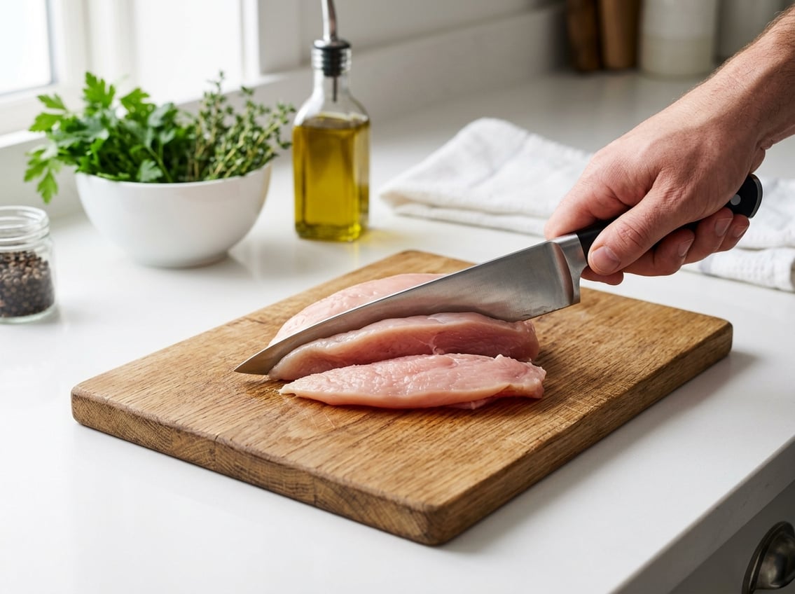 Close-up of a hand slicing a raw chicken breast in half on a wooden cutting board in a kitchen.
