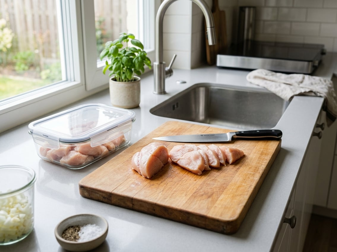 Freshly cut chicken breast halves on a wooden cutting board next to a glass container in a kitchen setting.