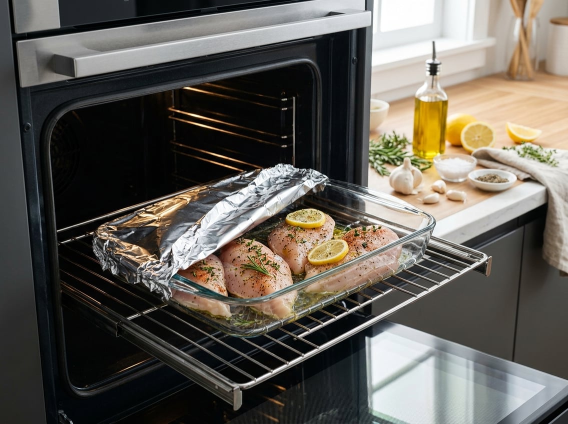 A glass baking dish with raw chicken breasts, some covered with foil and some uncovered, on an oven rack surrounded by fresh herbs and ingredients in a kitchen.