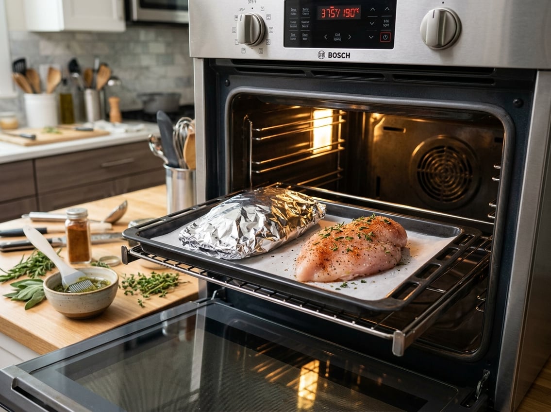Two raw chicken breasts on a baking tray in an oven, one covered with foil and one uncovered, with kitchen utensils and herbs on the countertop nearby.
