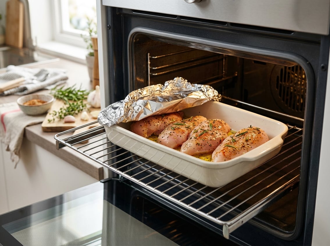 Close-up of a baking dish with seasoned chicken breasts inside an oven, one partially covered with foil, in a modern kitchen setting.