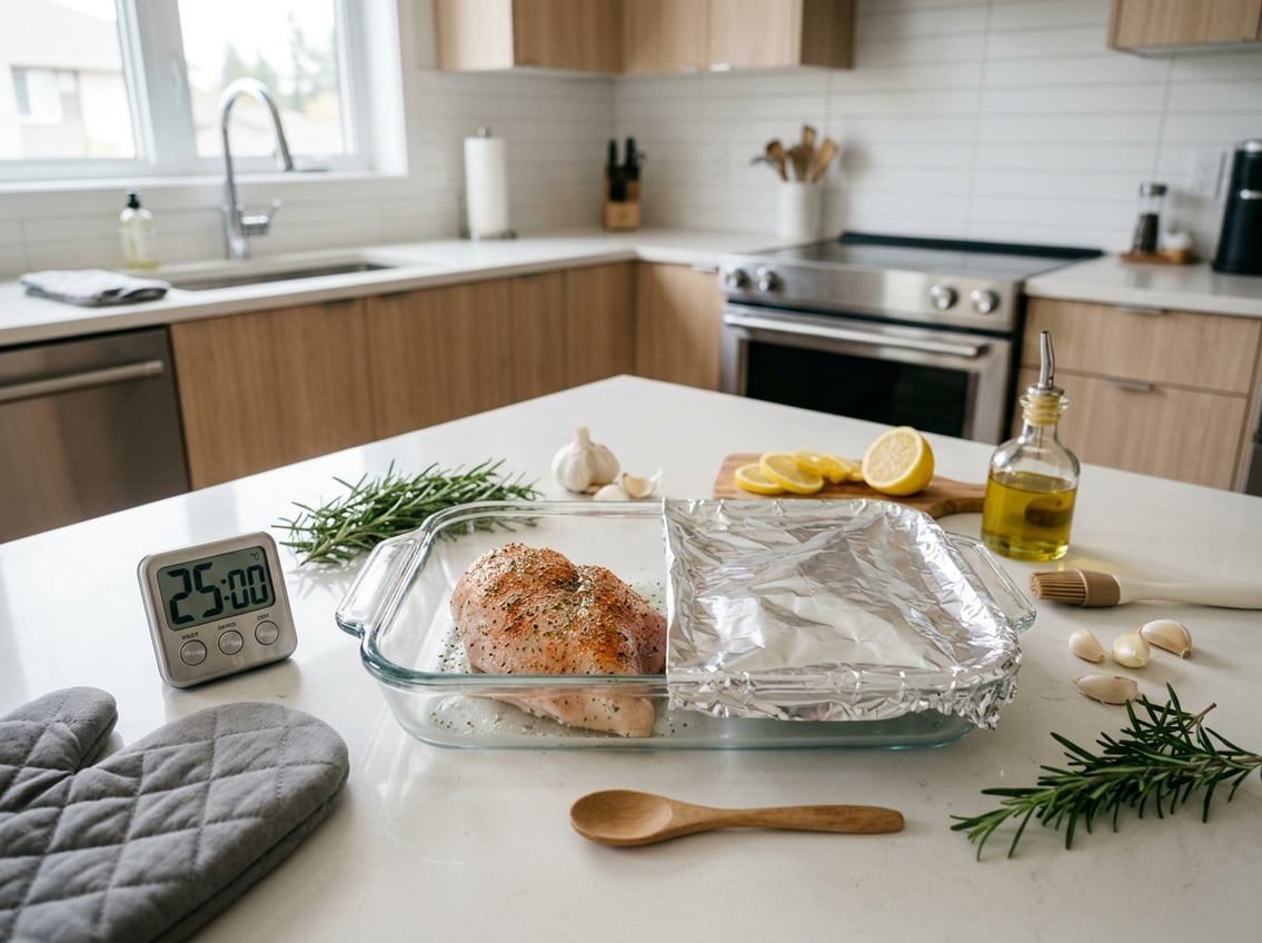 A kitchen countertop with a glass baking dish containing a chicken breast, half covered with foil and half uncovered, surrounded by fresh herbs, lemon slices, and cooking tools.