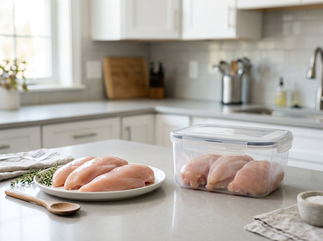 Fresh raw chicken breasts on a white plate next to a sealed food storage container on a kitchen countertop.