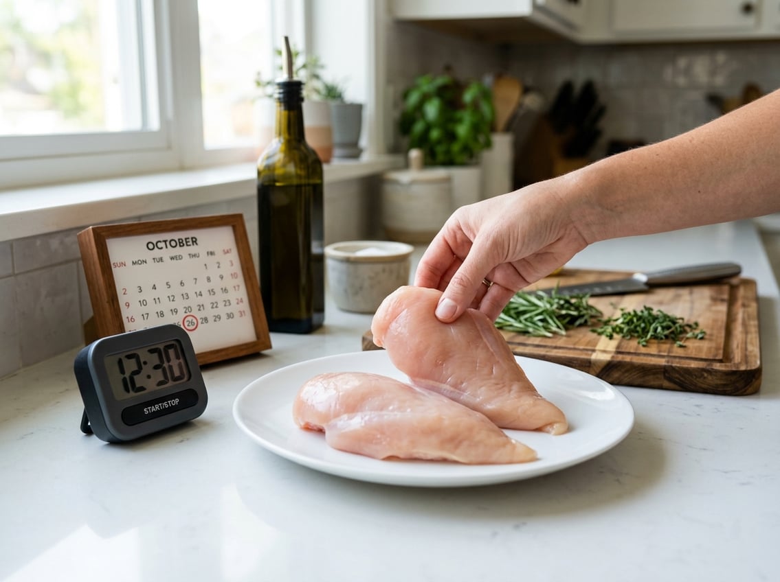 A hand inspecting raw chicken breasts on a plate with a kitchen timer and calendar on a countertop.