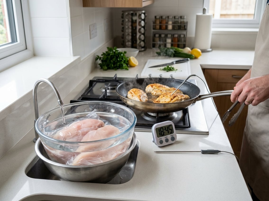 Raw chicken breasts thawing in a bowl of cold water on a kitchen counter with a timer and food thermometer nearby, and chicken cooking in a pan on the stove.