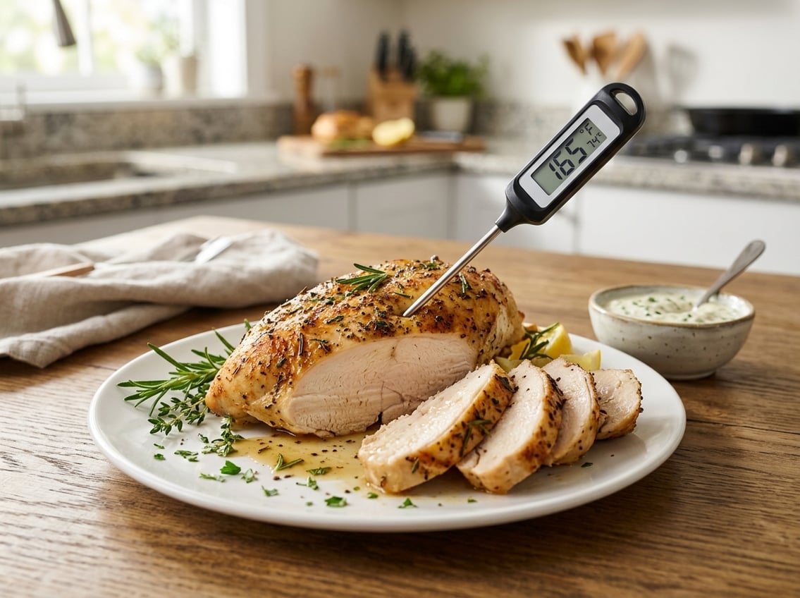 A sliced cooked chicken breast on a white plate with a digital thermometer showing the safe serving temperature, garnished with fresh herbs on a kitchen counter.