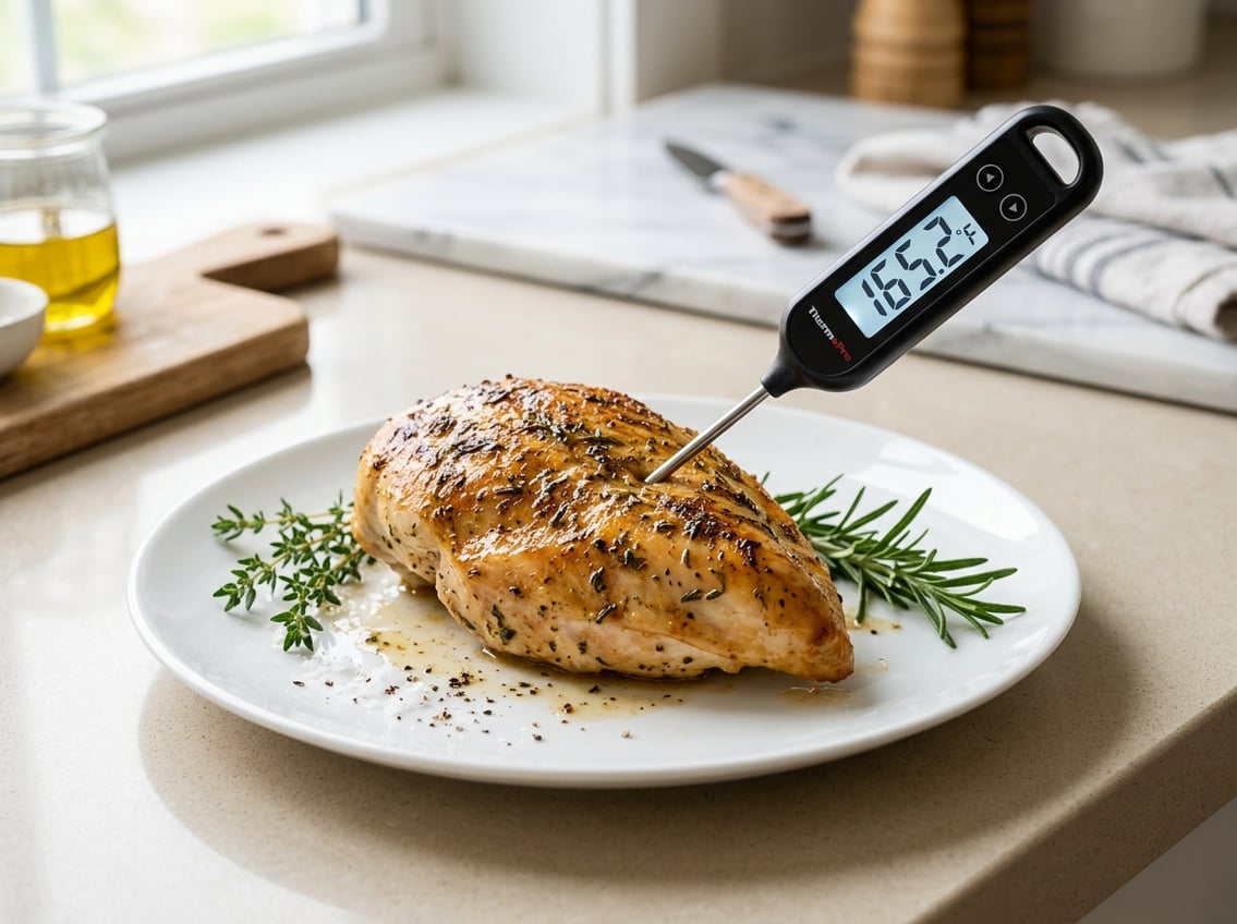 A cooked chicken breast on a plate with a digital meat thermometer inserted, showing the temperature.