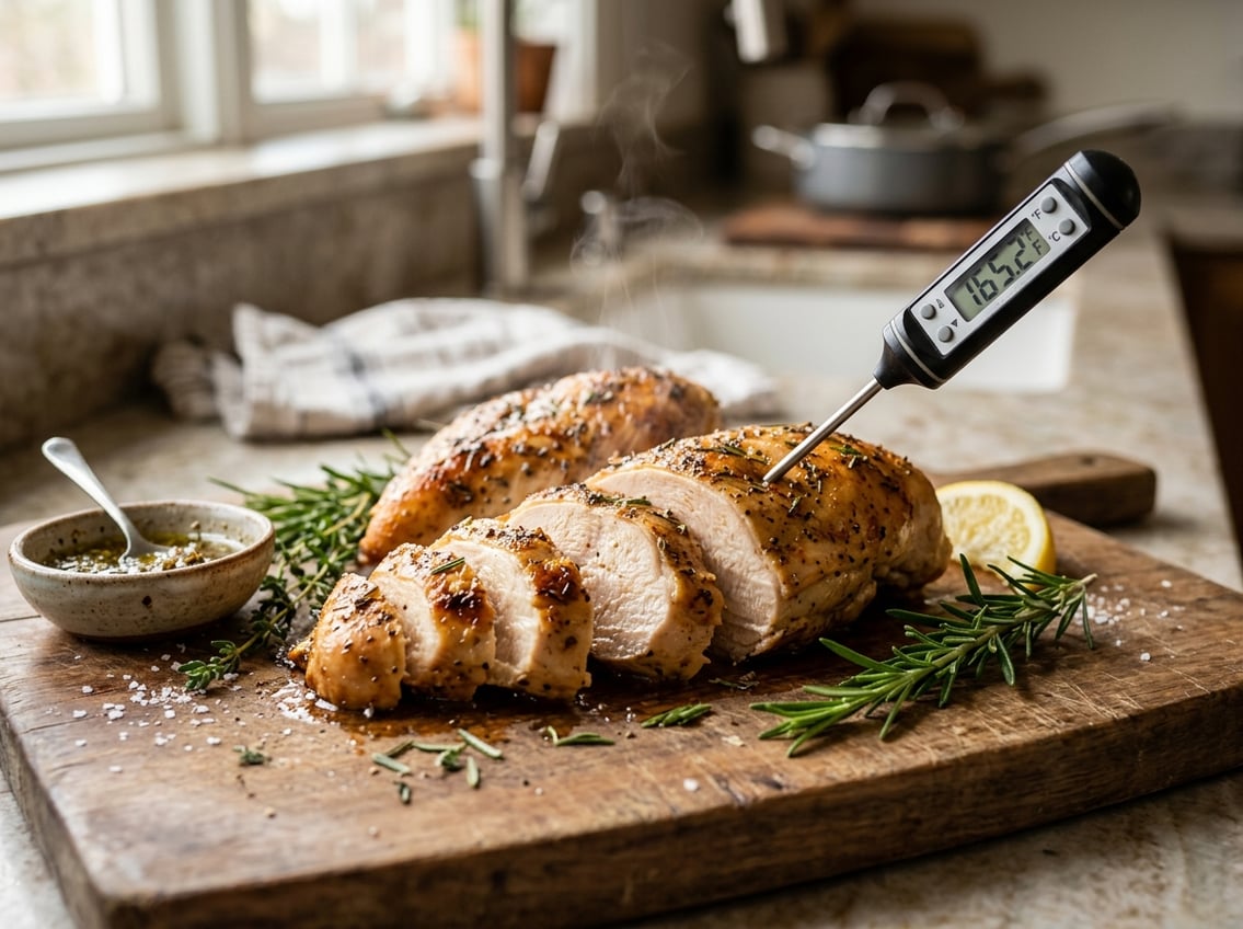 Sliced juicy chicken breast on a wooden cutting board with a meat thermometer showing the cooking temperature, surrounded by fresh herbs in a kitchen.