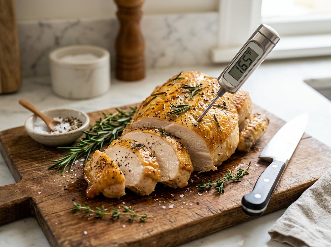 A sliced cooked chicken breast on a wooden cutting board with a kitchen thermometer inserted, surrounded by fresh herbs and a chef's knife on a kitchen countertop.
