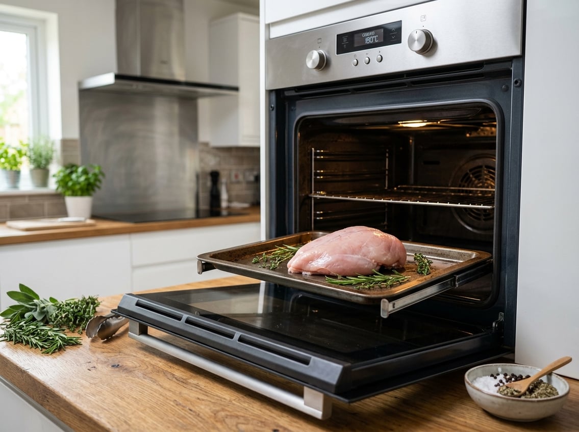 Raw chicken breast on a baking tray inside an open oven with fresh herbs nearby in a modern kitchen.