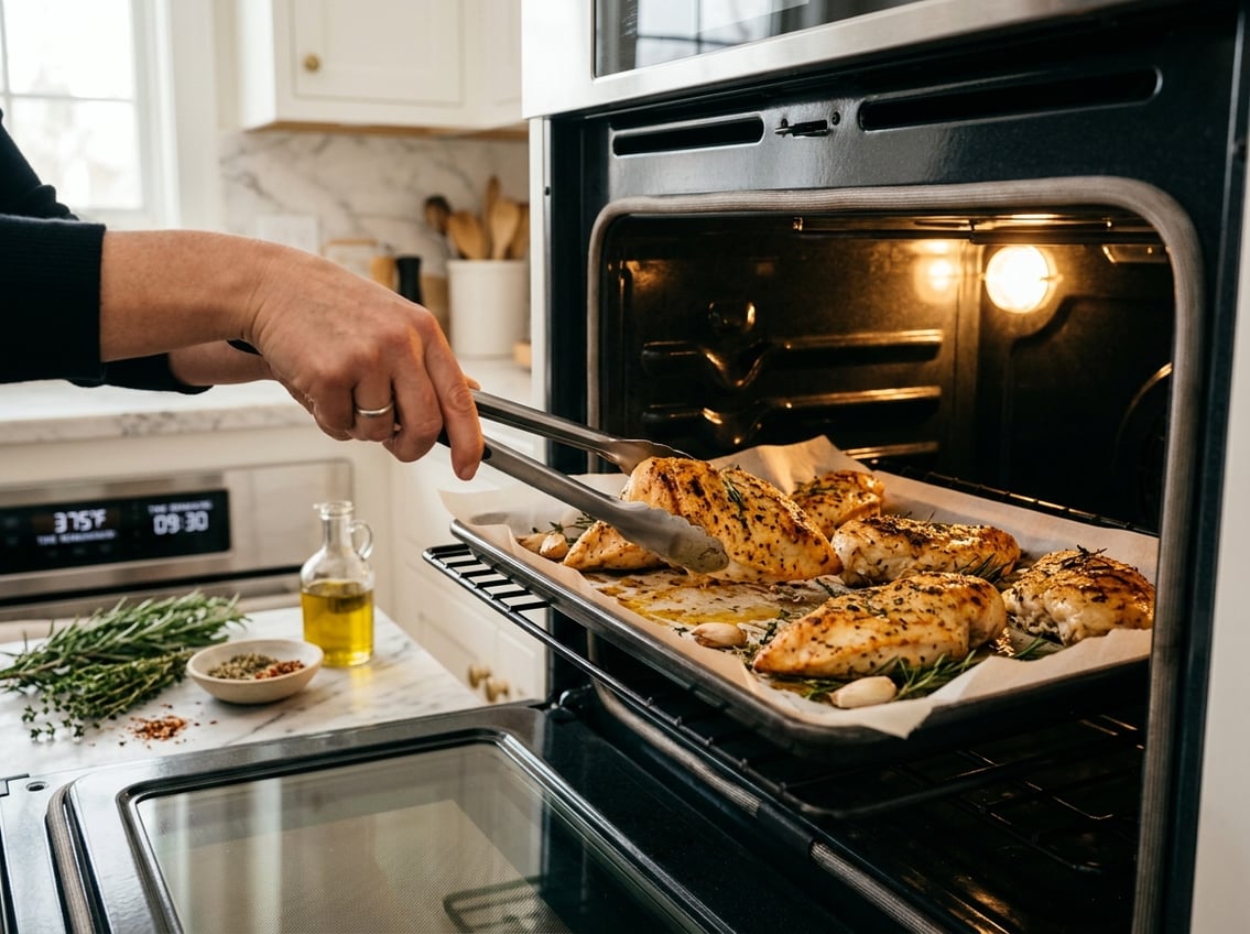 Hands flipping a golden-brown chicken breast inside an oven on a baking tray.