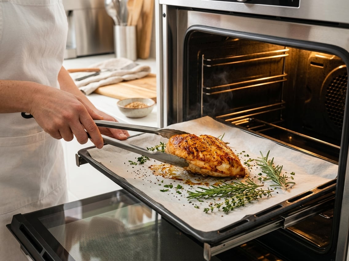 A cooked chicken breast being flipped in an oven with tongs, surrounded by fresh herbs and seasoning.
