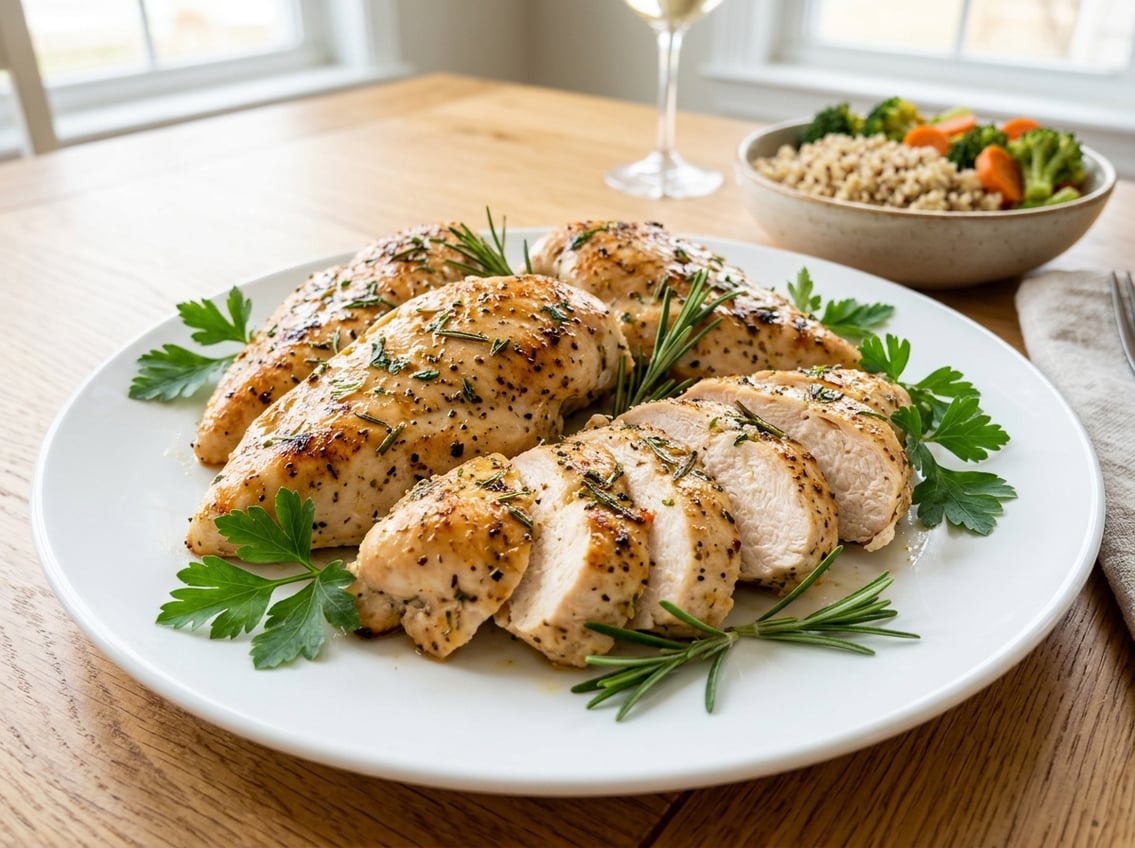 Close-up of several cooked chicken breasts on a white plate with fresh herbs, set in a bright kitchen.
