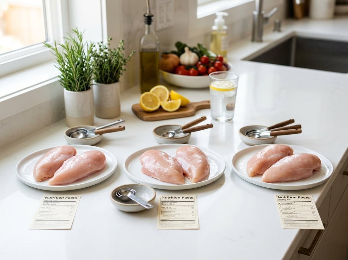 Several raw chicken breasts arranged on plates on a kitchen countertop with fresh herbs and lemon slices nearby.