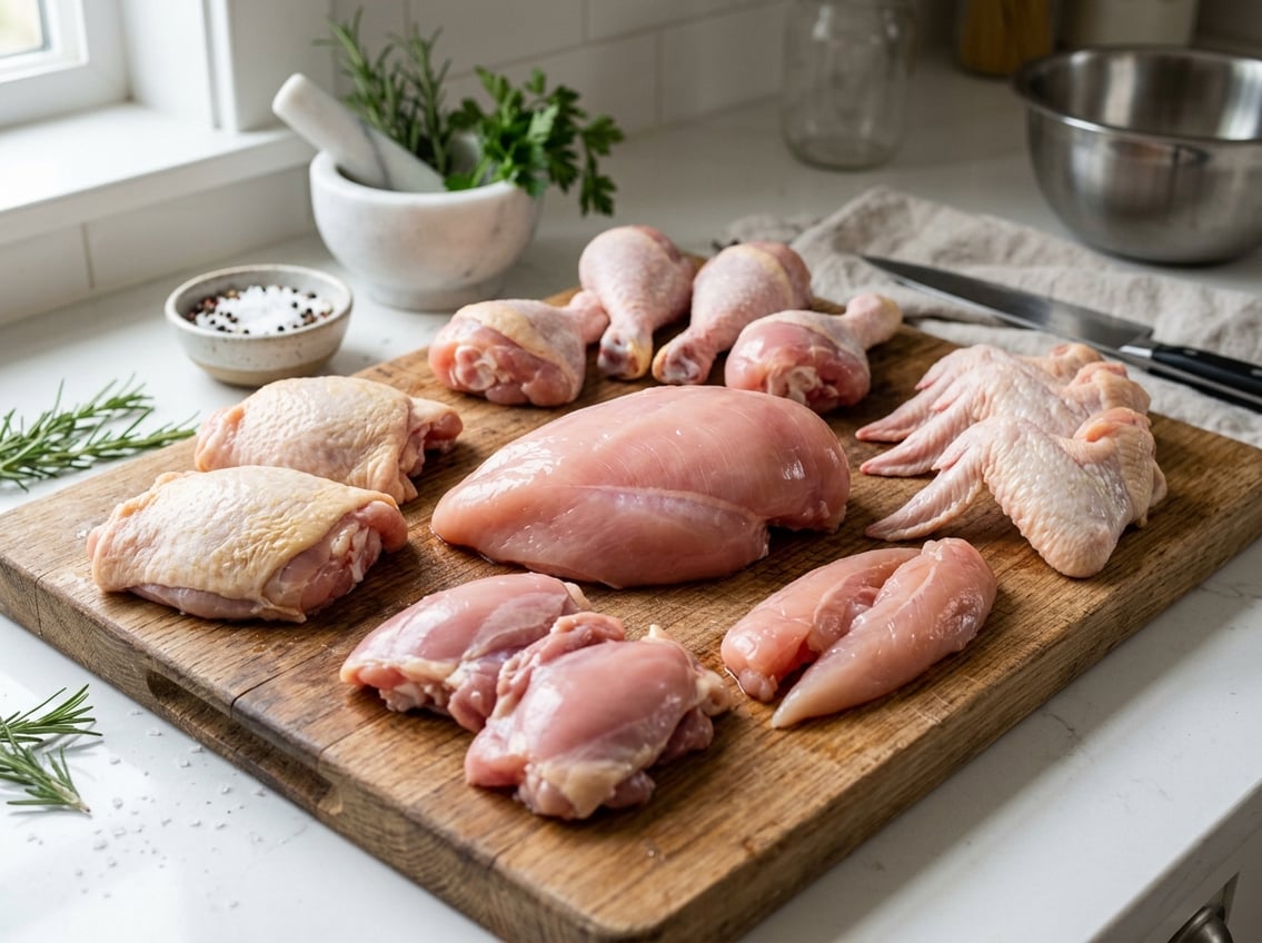 Various raw chicken cuts including a chicken breast, thighs, drumsticks, and wings arranged on a wooden cutting board with fresh herbs nearby.