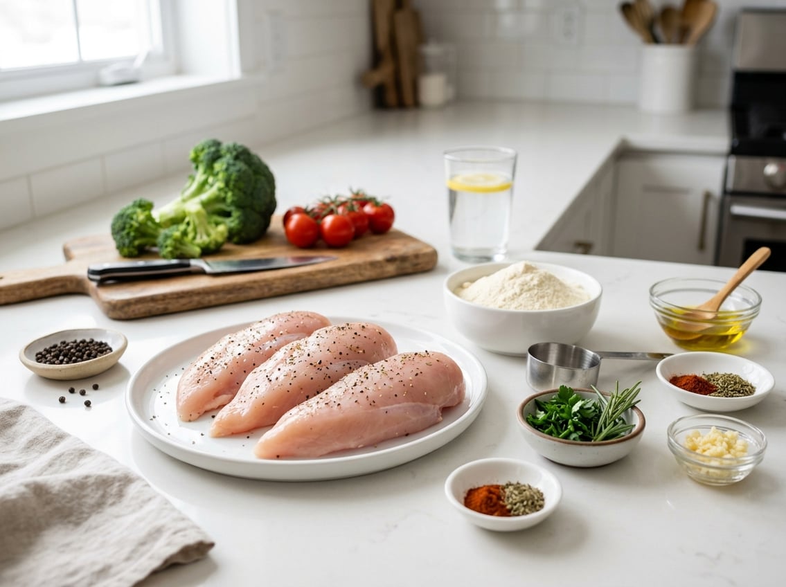 Several raw chicken breasts arranged on plates with small bowls of herbs and measuring spoons on a kitchen countertop.