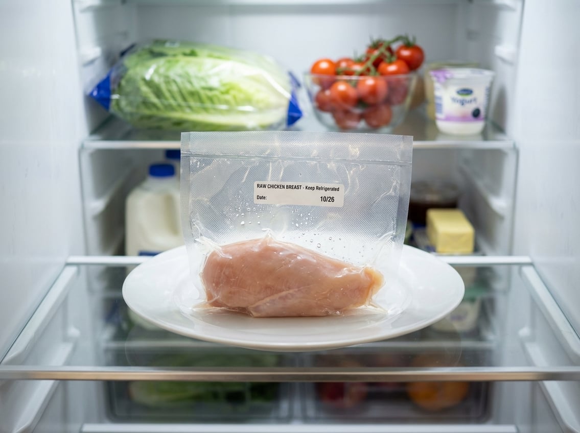 Raw chicken breast in a sealed plastic bag on a plate inside a refrigerator with fresh vegetables on shelves.