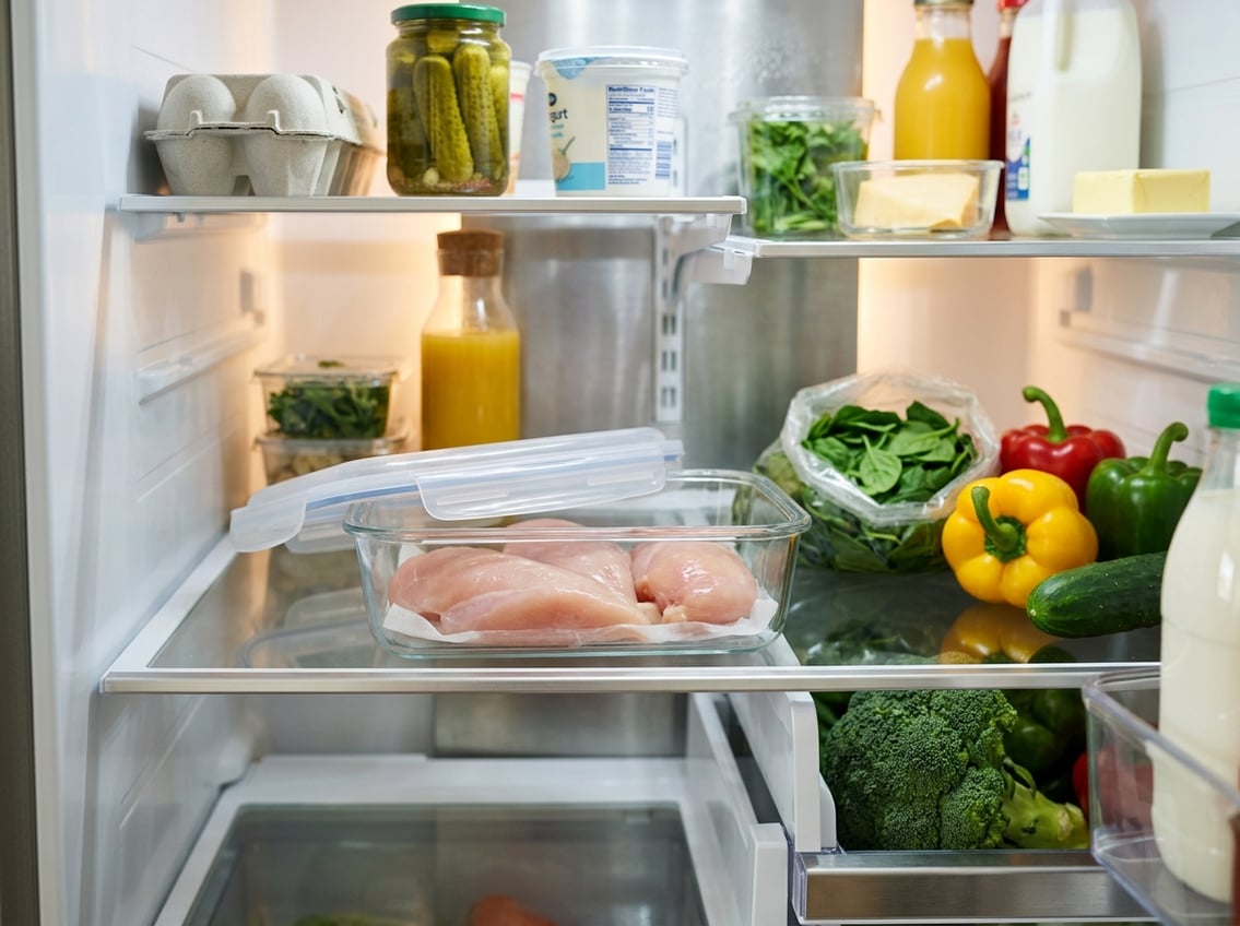 Raw chicken breasts thawing in a glass container inside a clean refrigerator with fresh vegetables on nearby shelves.