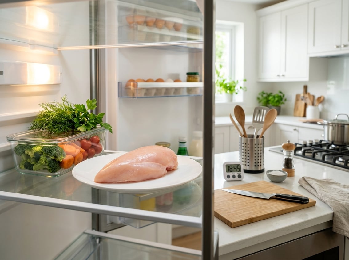 Raw chicken breast on a white plate inside a refrigerator with fresh vegetables nearby in a clean kitchen setting.