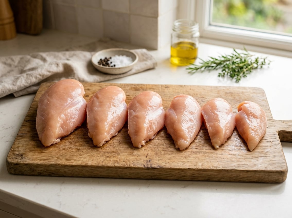 A selection of raw chicken breasts of different sizes arranged on a wooden cutting board on a kitchen countertop.