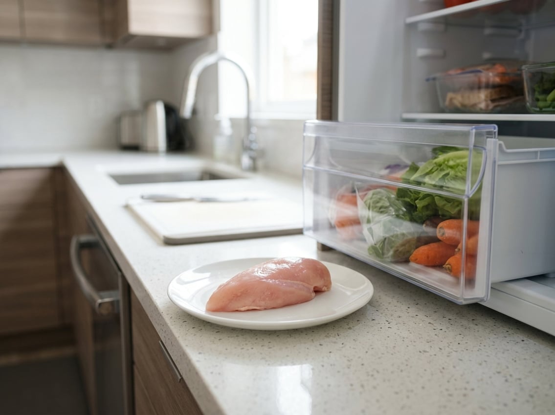 Raw chicken breast on a plate next to an open refrigerator drawer in a clean kitchen.