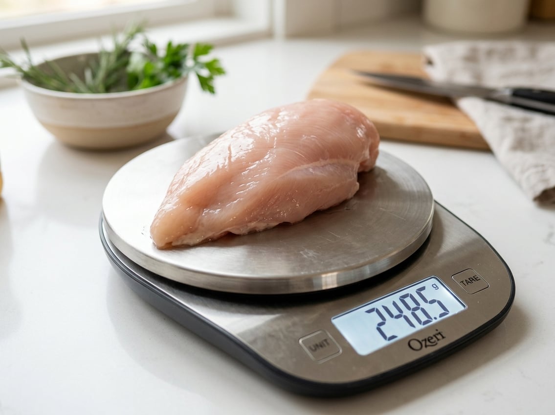A raw chicken breast on a digital kitchen scale showing its weight on a clean kitchen countertop.