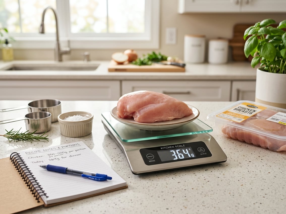 A raw chicken breast on a digital kitchen scale on a kitchen countertop with measuring tools and a grocery package nearby.