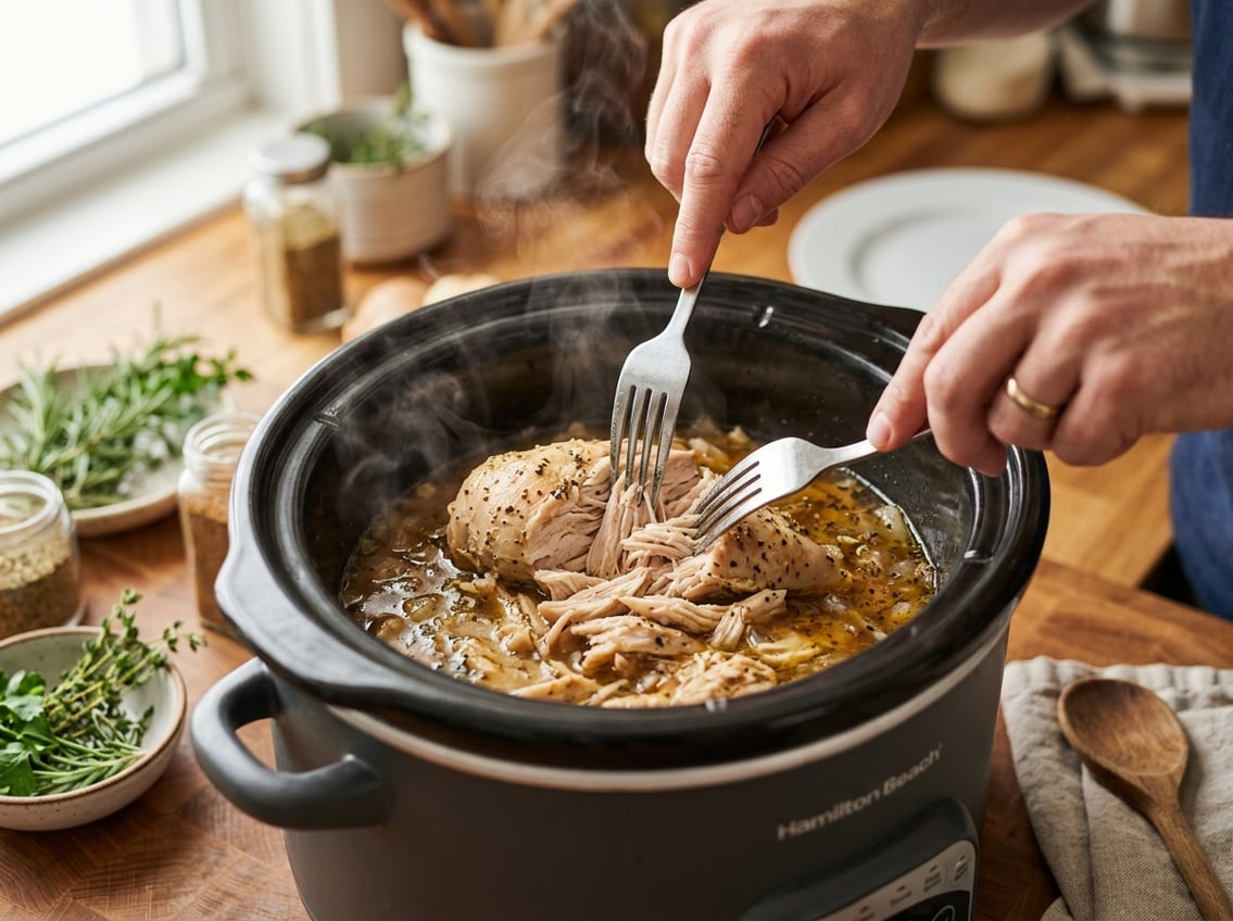 Close-up of shredded chicken breast being pulled apart with forks inside a slow cooker on a kitchen countertop.
