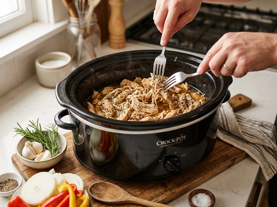 A slow cooker with tender shredded chicken breast being pulled apart with forks, surrounded by fresh vegetables and herbs on a kitchen counter.