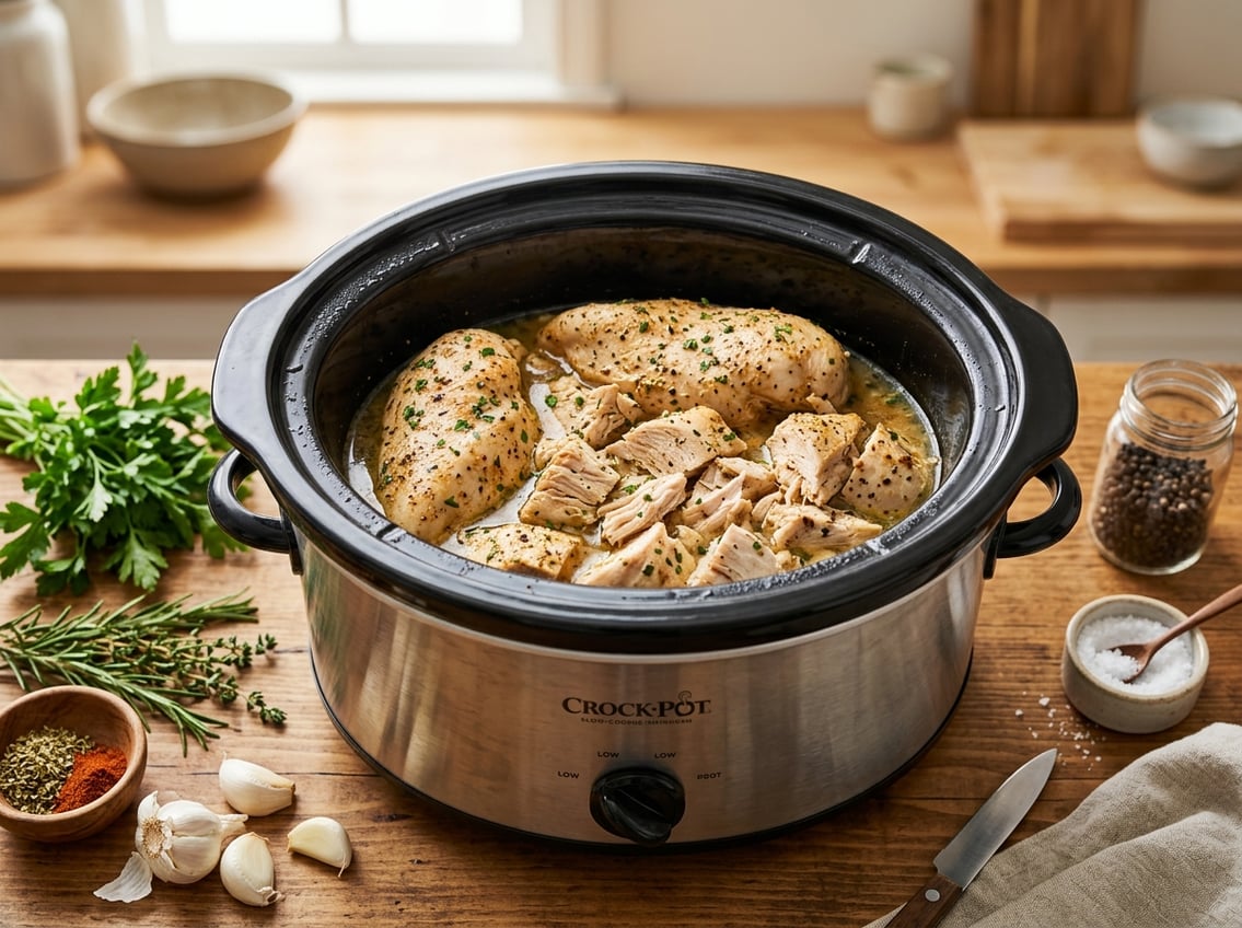 Close-up of a slow cooker with cooked chicken breasts and fresh herbs on a wooden countertop.