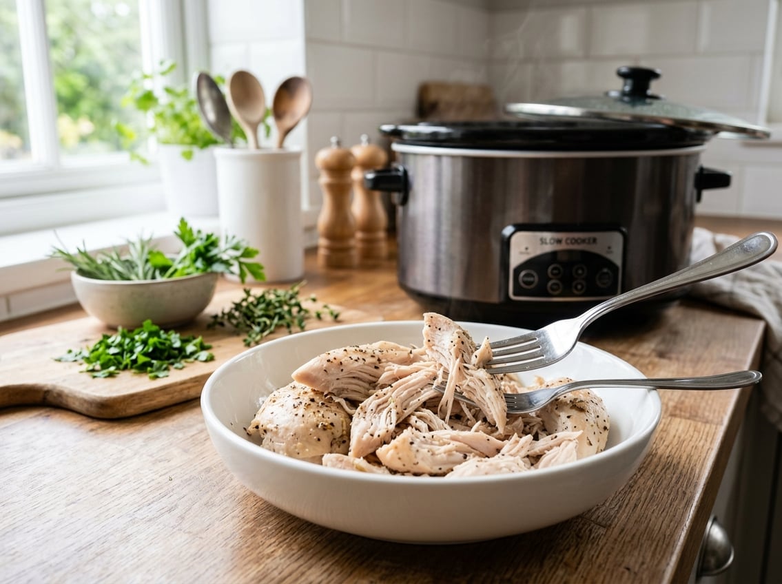 Close-up of cooked chicken breast being shredded with forks over a bowl in a kitchen with a slow cooker in the background.