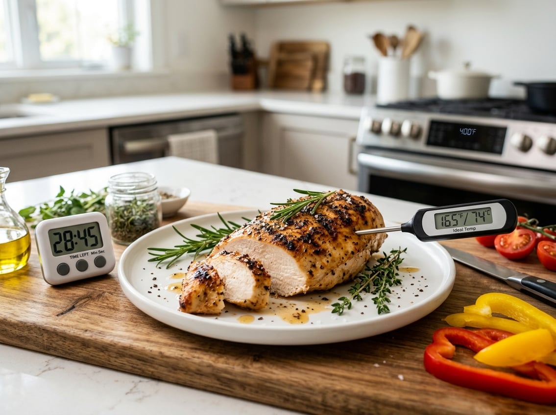 A cooked chicken breast on a plate with herbs, a thermometer, timer, and sliced vegetables on a kitchen countertop.