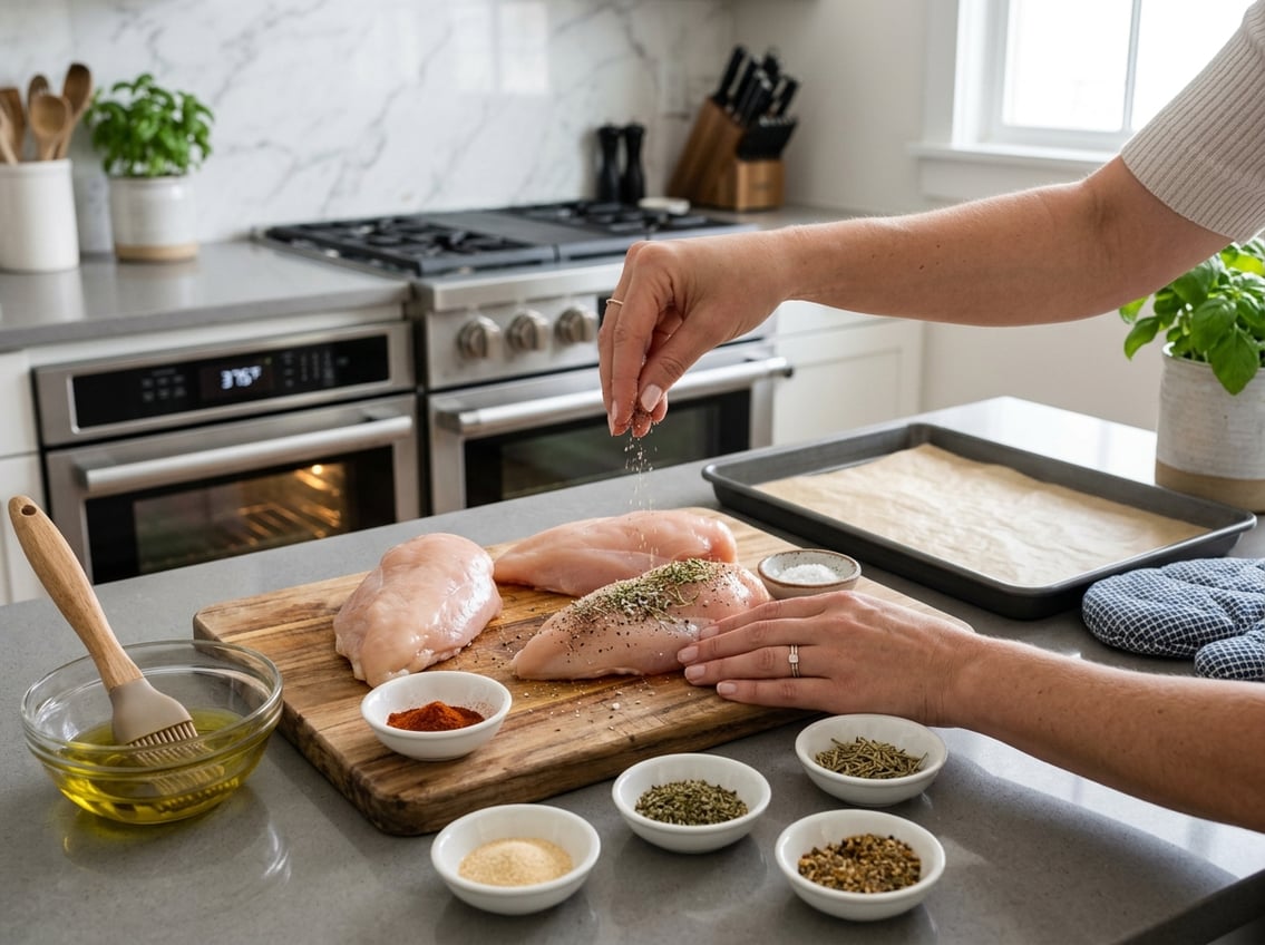 A kitchen countertop with raw chicken breasts on a cutting board being seasoned with spices, surrounded by bowls of seasonings, olive oil, and a baking tray ready for cooking.