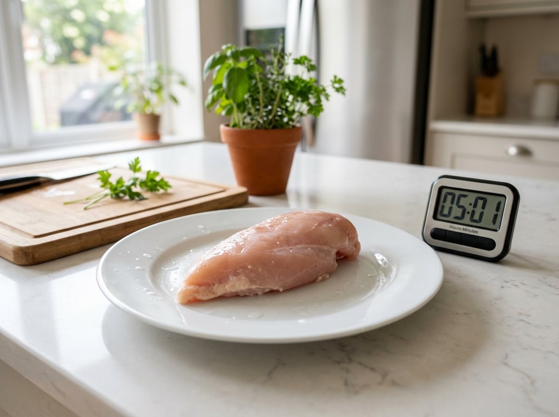 Raw chicken breast on a plate on a kitchen countertop next to a digital timer in a modern kitchen.