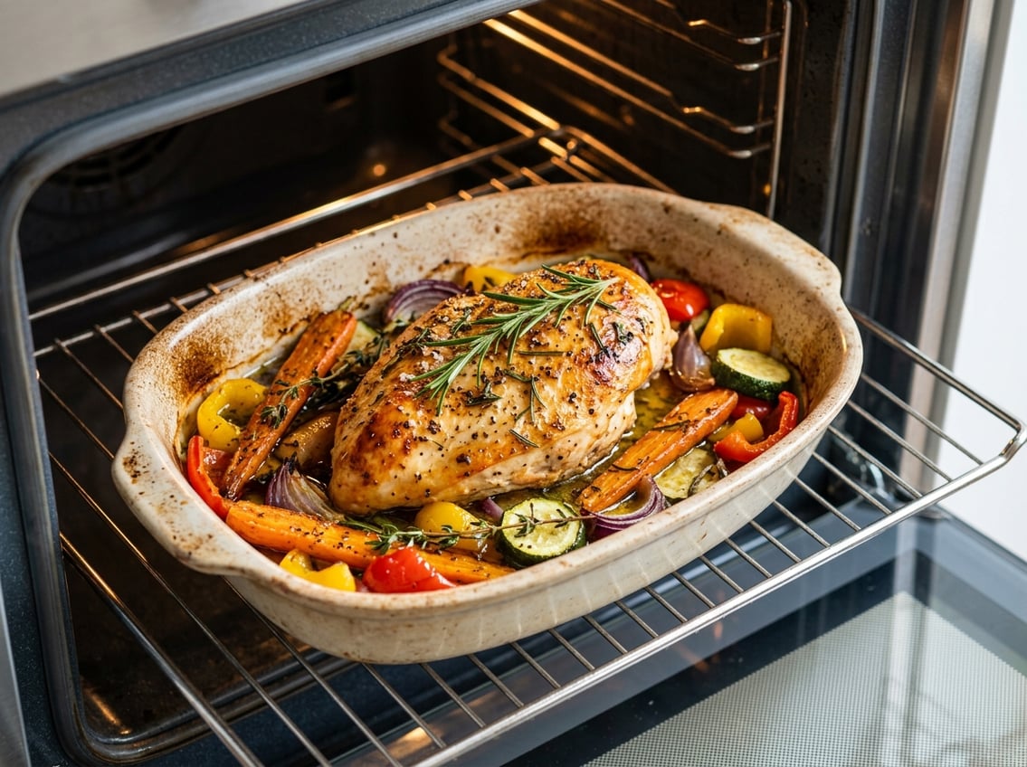 A cooked chicken breast with herbs and roasted vegetables inside an oven dish, shown in an open oven.