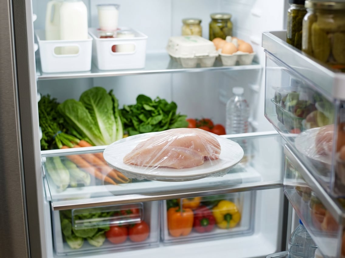 Raw chicken breast thawing on a plate inside a clean refrigerator with fresh vegetables nearby.