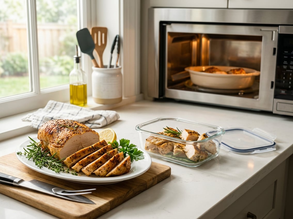 Cooked chicken breast on a plate with fresh herbs, stored leftovers in a glass container, and a kitchen appliance reheating food on a countertop.