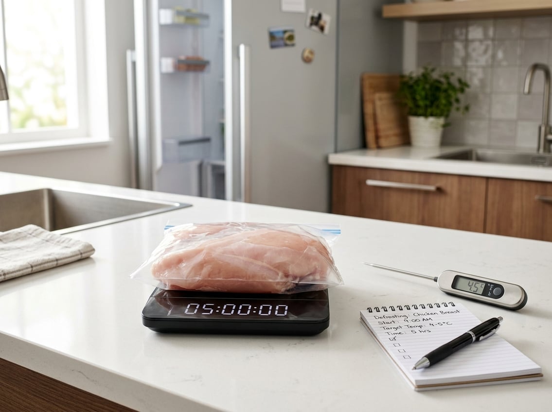 Raw chicken breast in a sealed plastic bag on a kitchen timer with food thermometer and notebook on a clean kitchen countertop.
