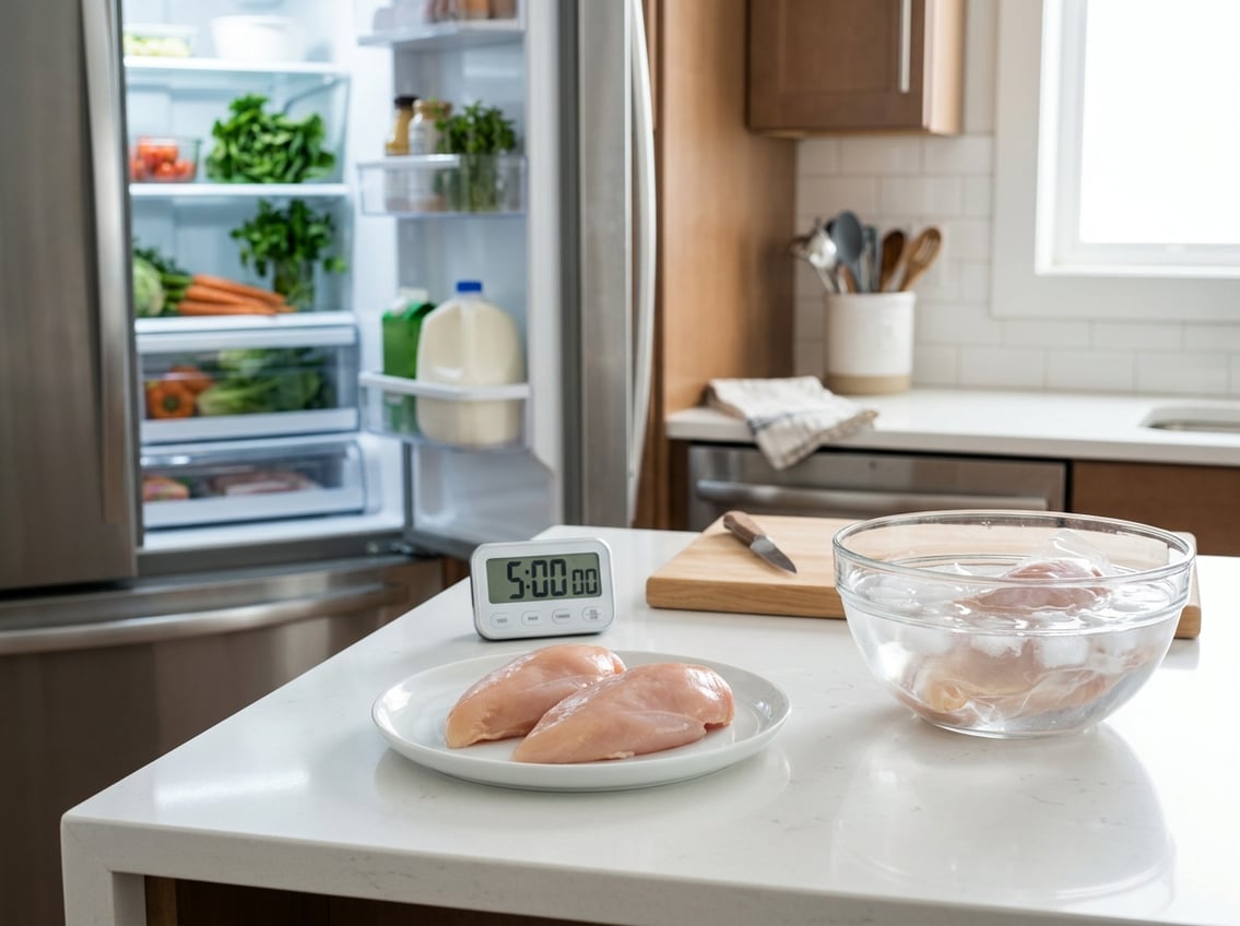 Raw chicken breasts on a plate with a kitchen timer showing 5 hours and a refrigerator in the background.
