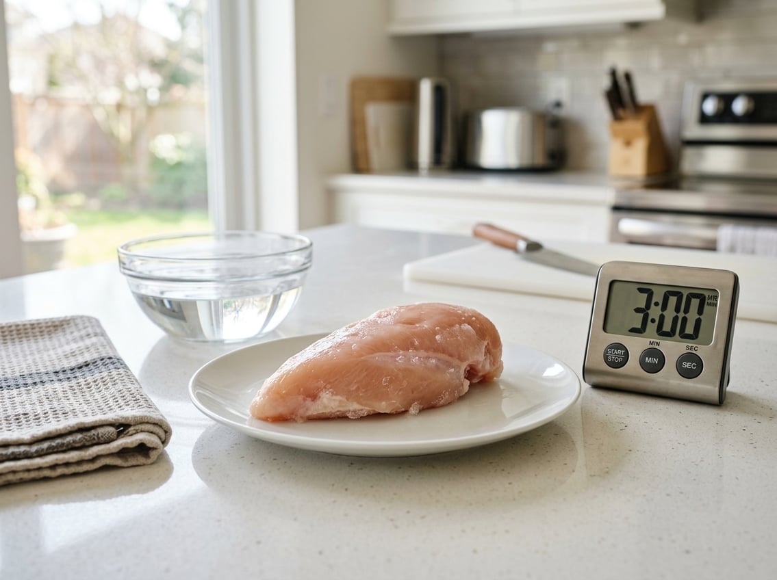 Raw chicken breast on a plate next to a kitchen timer on a countertop in a bright kitchen.