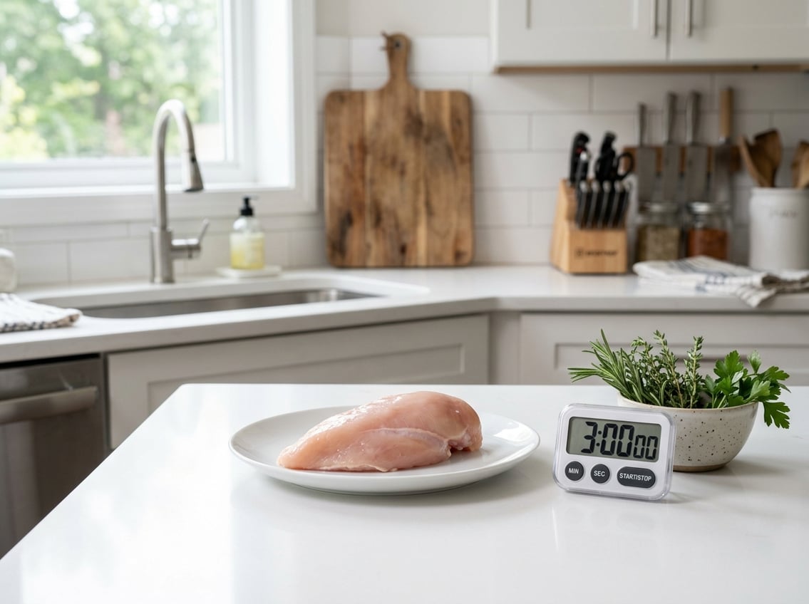 Raw chicken breast partially thawed on a white plate with a kitchen timer showing three hours, placed on a clean kitchen countertop with herbs nearby.