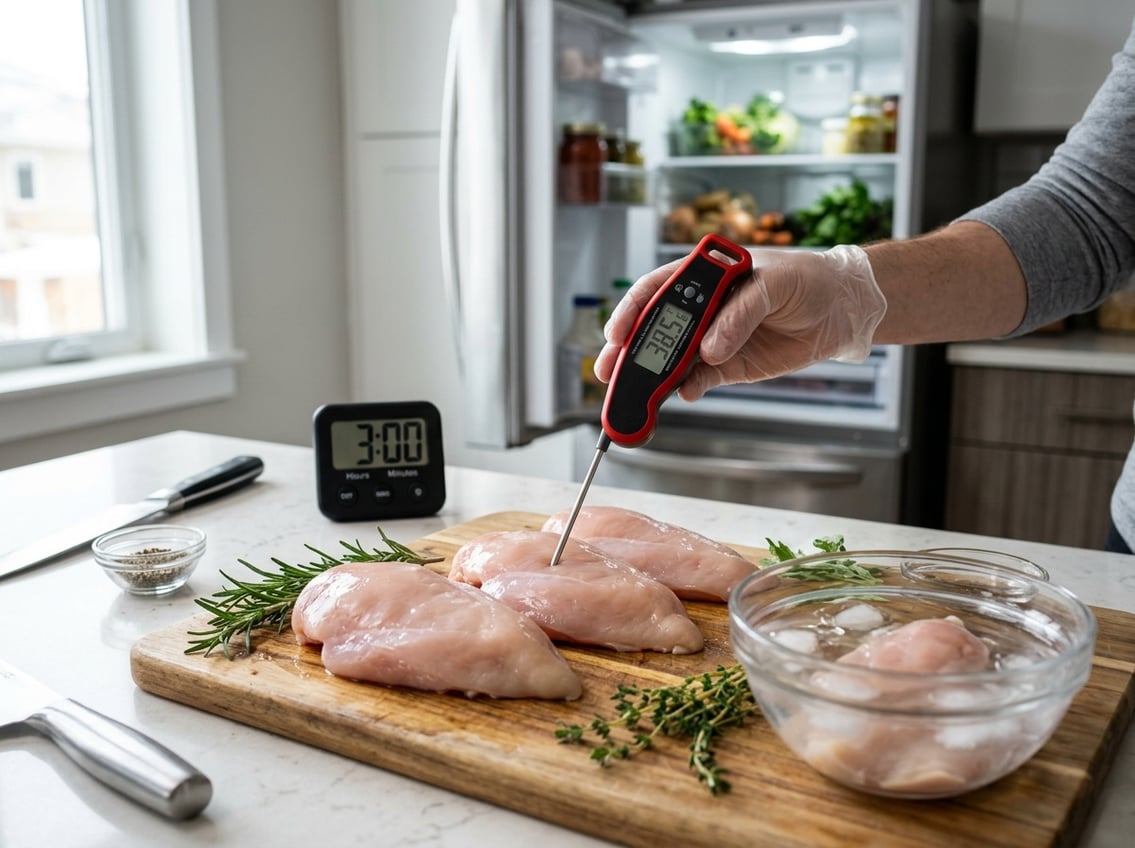 Close-up of raw chicken breasts on a kitchen counter with a digital timer and a person checking the temperature with a food thermometer.