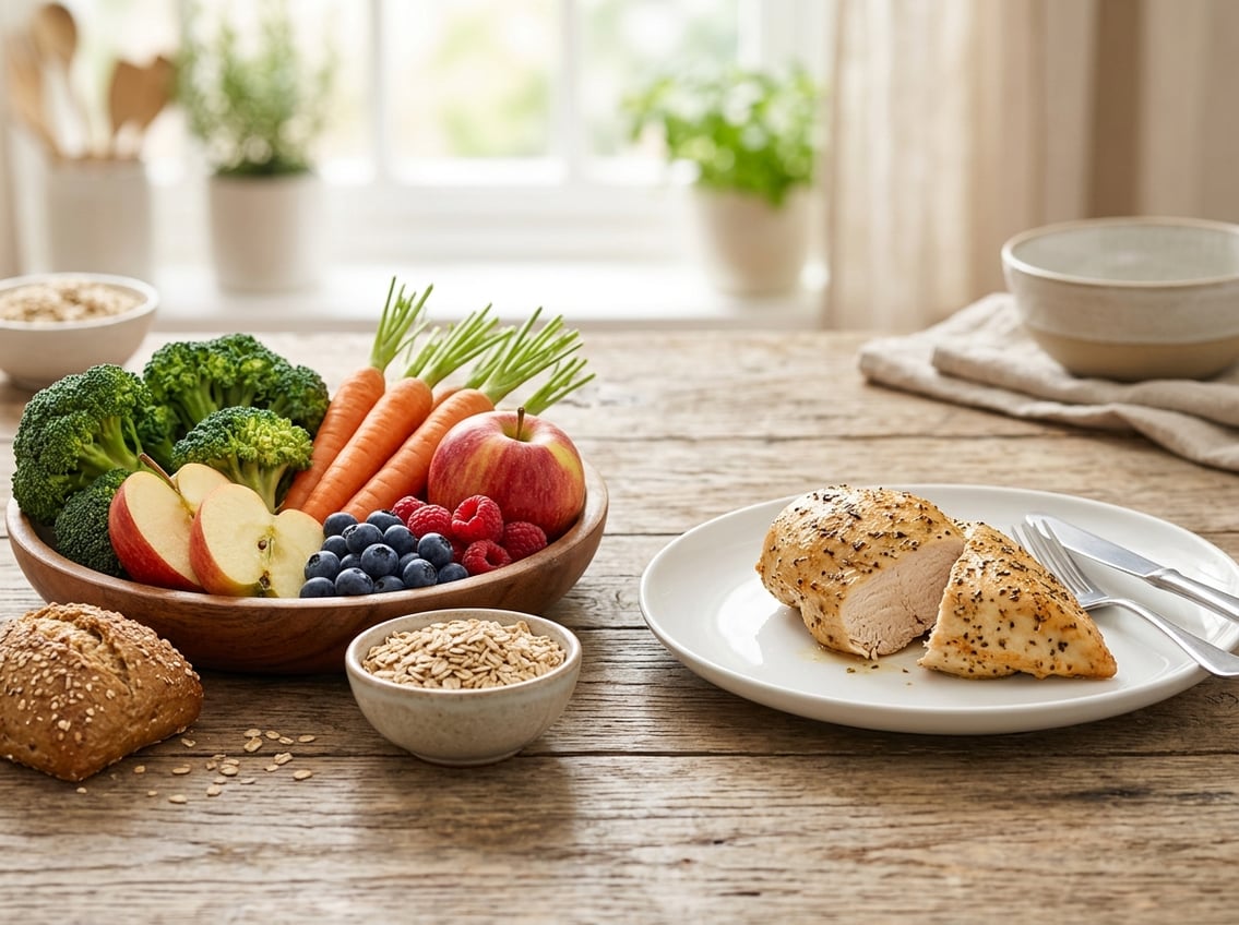 A fresh assortment of fruits and vegetables next to a cooked chicken breast on a white plate on a wooden table.