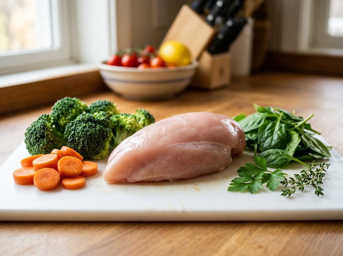 A raw chicken breast on a white cutting board surrounded by fresh vegetables like broccoli, carrots, and spinach.