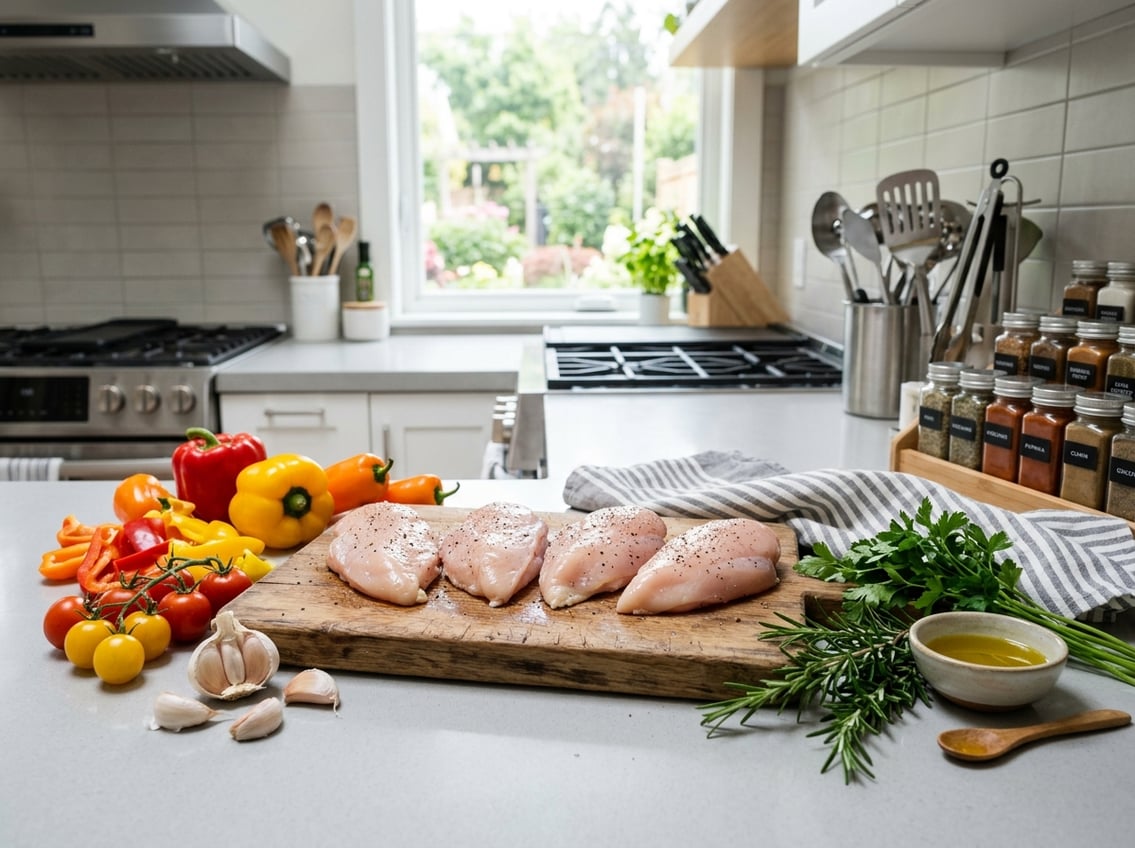 Fresh raw chicken breasts on a wooden cutting board surrounded by fresh vegetables and herbs in a bright kitchen.