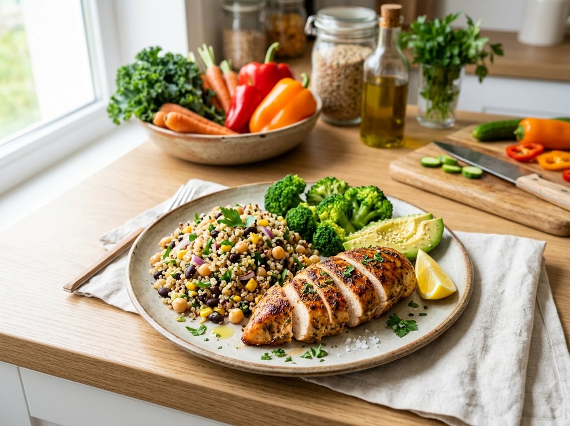 A plate with cooked chicken breast served with broccoli, quinoa, chickpeas, and avocado on a kitchen countertop surrounded by fresh vegetables.